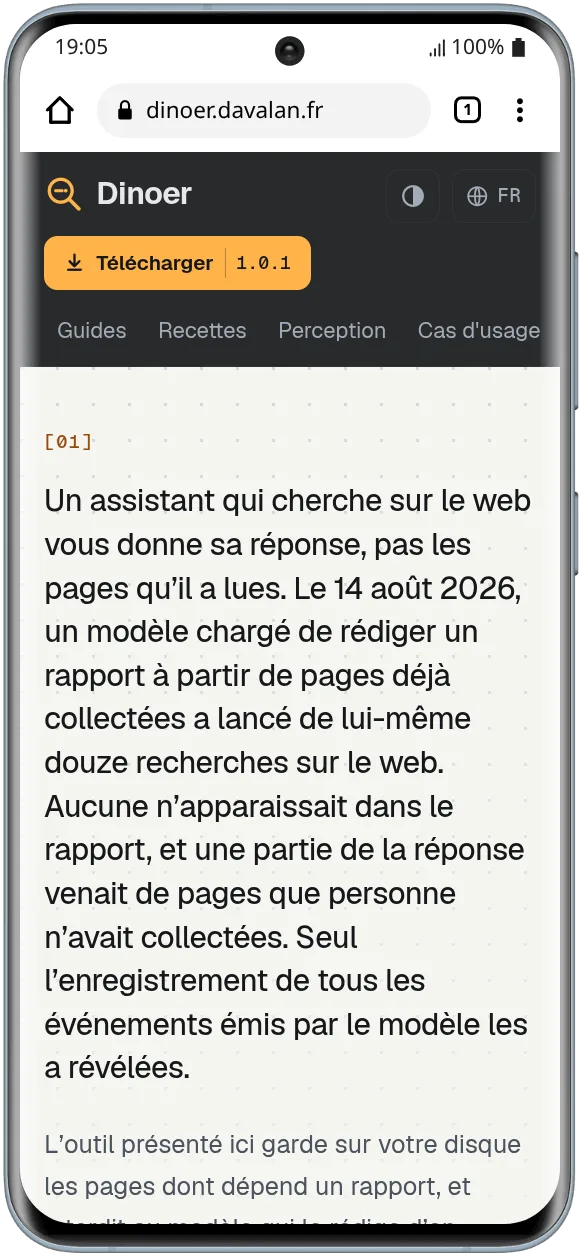 Capture du site de présentation de Dinoer en mode clair