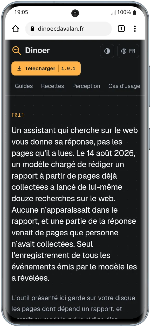 Capture du site de présentation de Dinoer en mode sombre