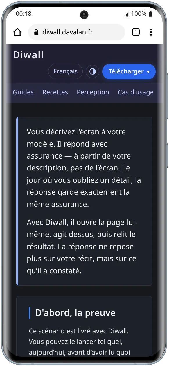 Capture du site de présentation de Diwall en mode sombre