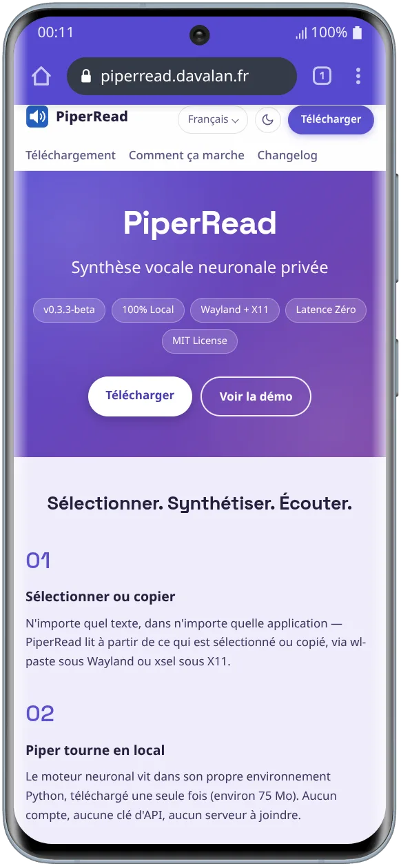 Interface du site de présentation de PiperRead en mode clair