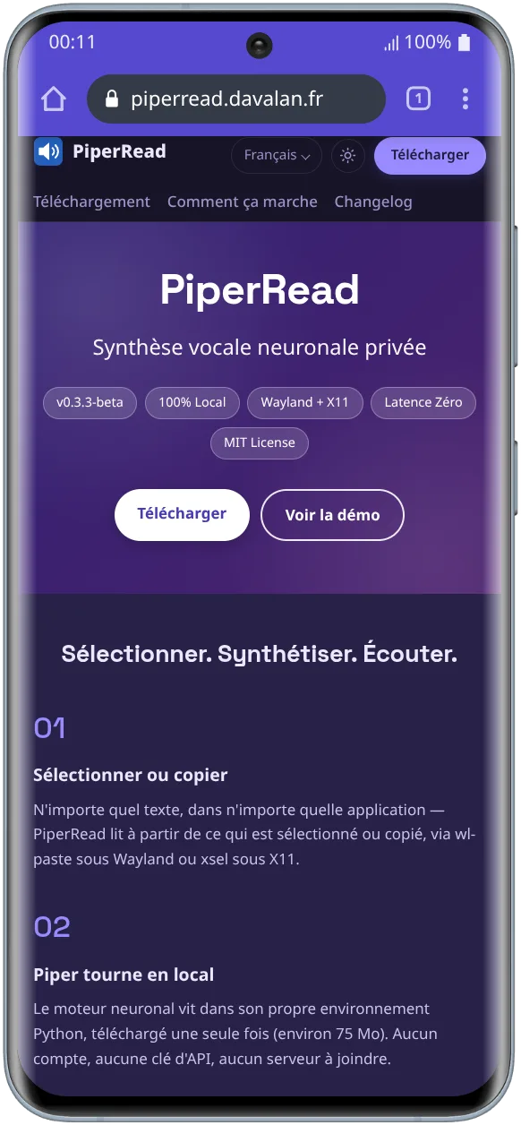 Interface du site de présentation de PiperRead en mode sombre