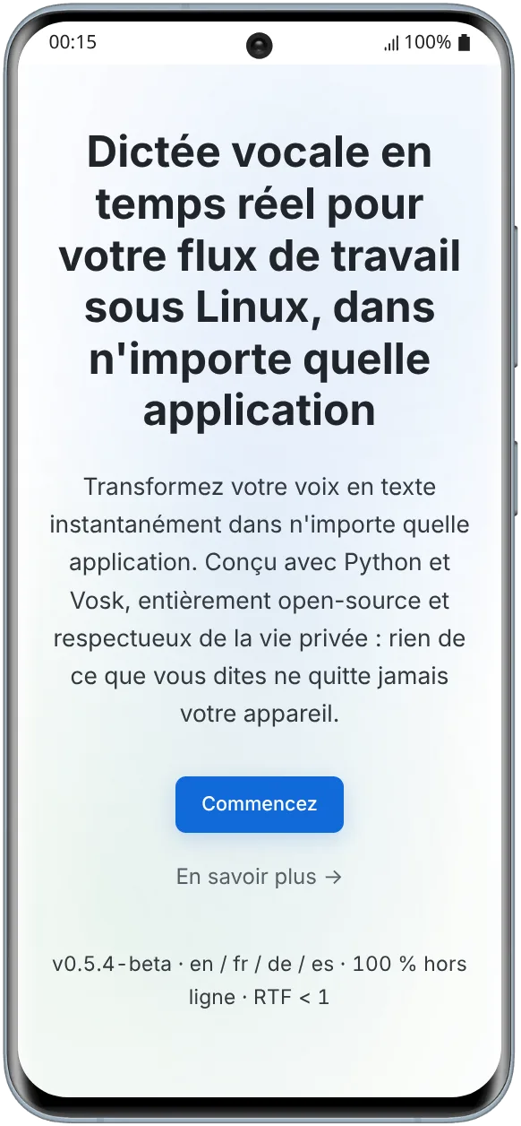 Capture du site de présentation de Vosk-CLI-Dictation en mode clair