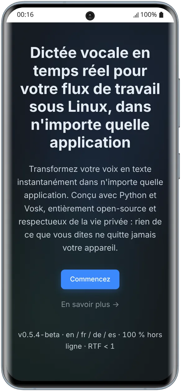 Capture du site de présentation de Vosk-CLI-Dictation en mode sombre
